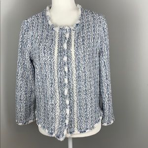NIC+ZOE Jacket Blue White Woven With Fringed Edges